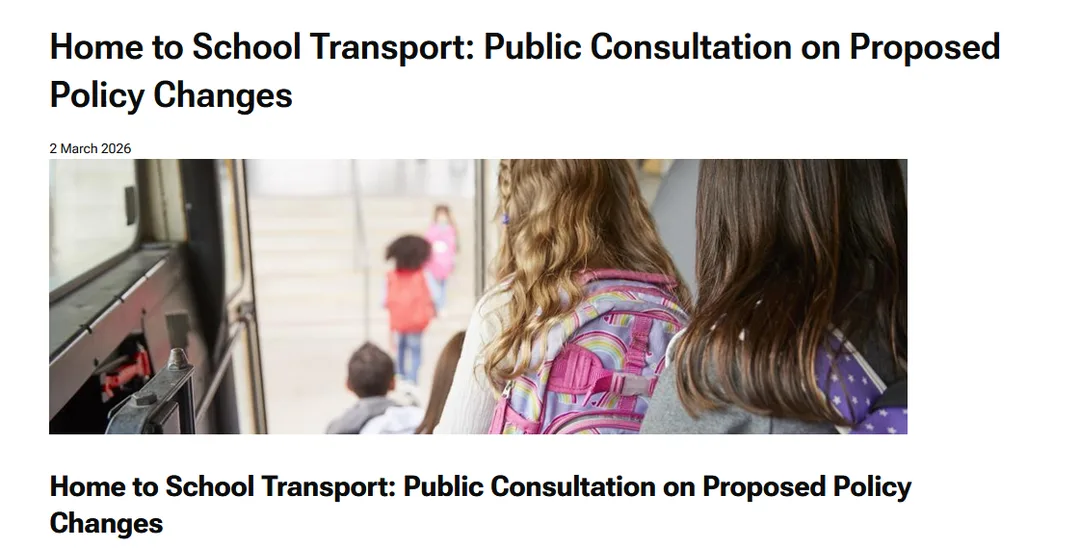 Westmorland and Furness SConsultation webpage showing a photo of school children on a bus. 